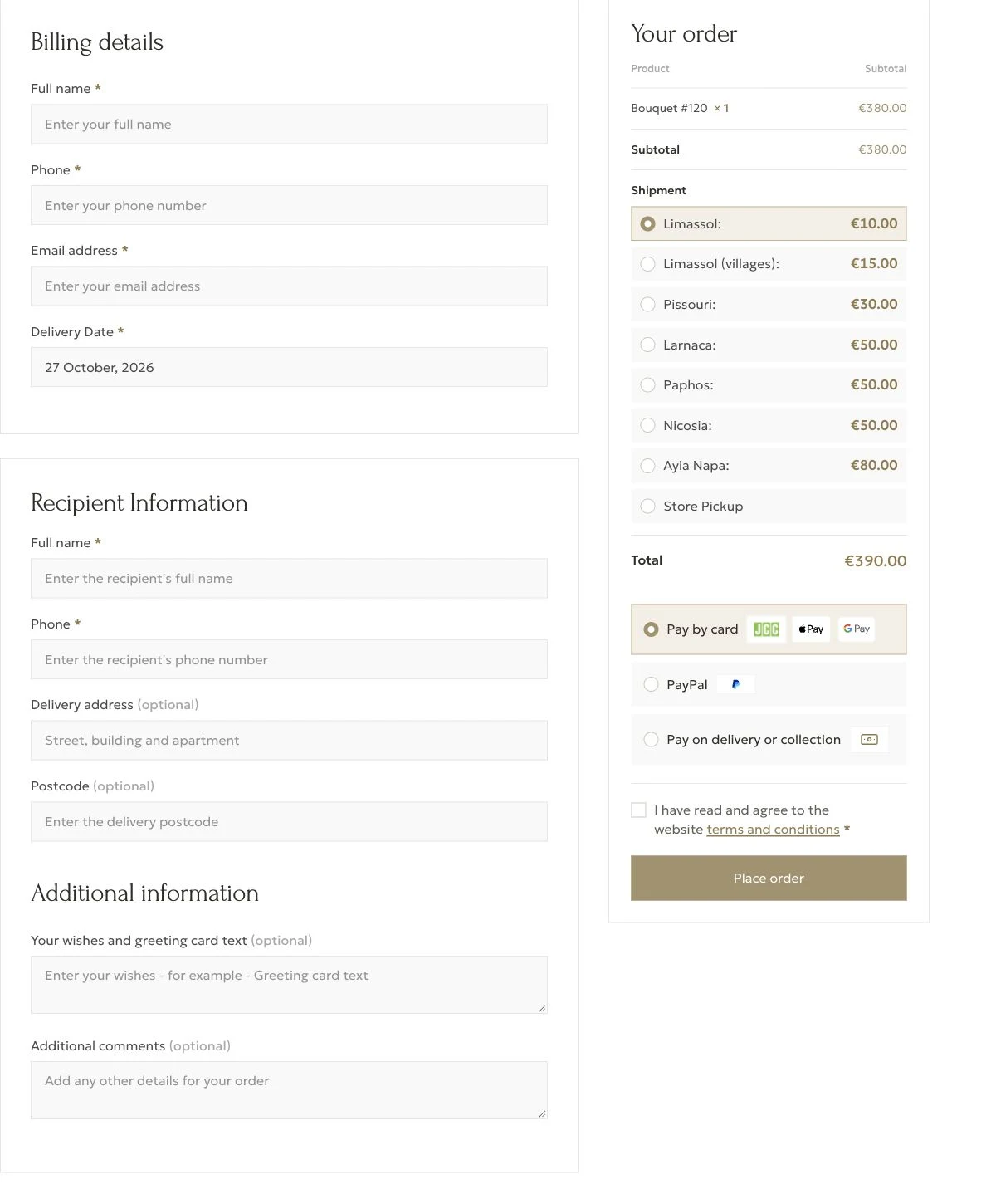 Bloom de Fleur checkout with blank recipient fields, delivery rates, card payments, PayPal and payment on delivery or collection